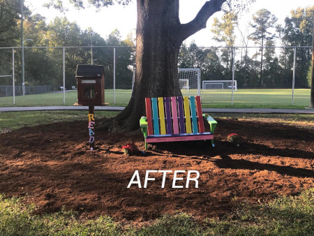 Newly refurbished reading area with colorful bench and Free Library station