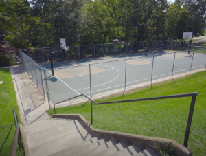 The lower level basketball court