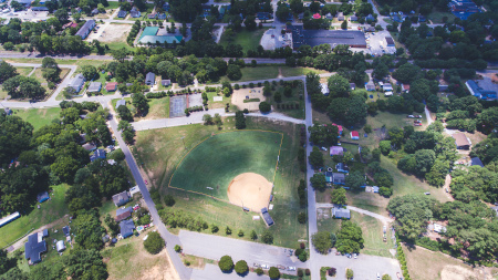 Aerial view of the ball fields and entrance to the park