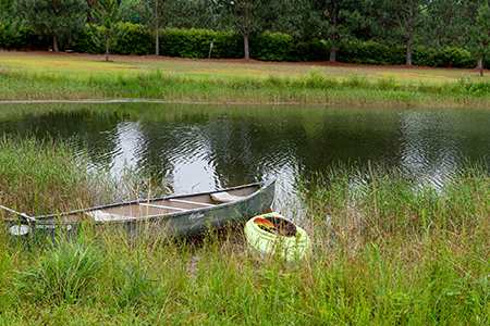 A boat and kayak sitting on the pond edge