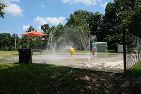View of the Eva E. Ennis Splash Pad spewing out water