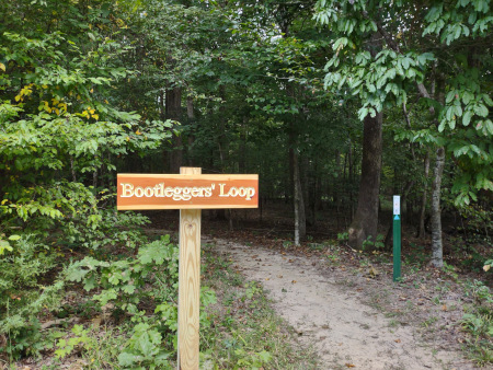 Trailhead and sign of the new Bootlegger Trail at Williamson Nature Preserve